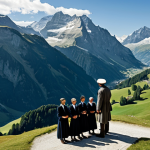 A majestic and awe-inspiring aerial view of the Swiss Alps, with a deep valley cutting through the rugged peaks. In the foreground, a small group of determined, fully clothed individuals in modest, professional historical attire stand together on a plateau, symbolizing unity and their foundational oath. The scene evokes a sense of enduring strength and shared purpose, under a clear, bright sky. Perfect anatomy, correct proportions, natural pose, well-formed hands, proper finger count, natural body proportions. Safe for work, appropriate content, fully clothed, modest, professional photography, high quality.
