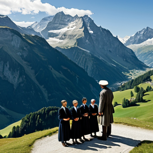 Home 4 A majestic and awe-inspiring aerial view of the Swiss Alps, with a deep valley cutting through the rugged peaks. In the foreground, a small group of determined, fully clothed individuals in modest, professional historical attire stand together on a plateau, symbolizing unity and their foundational oath. The scene evokes a sense of enduring strength and shared purpose, under a clear, bright sky. Perfect anatomy, correct proportions, natural pose, well-formed hands, proper finger count, natural body proportions. Safe for work, appropriate content, fully clothed, modest, professional photography, high quality.