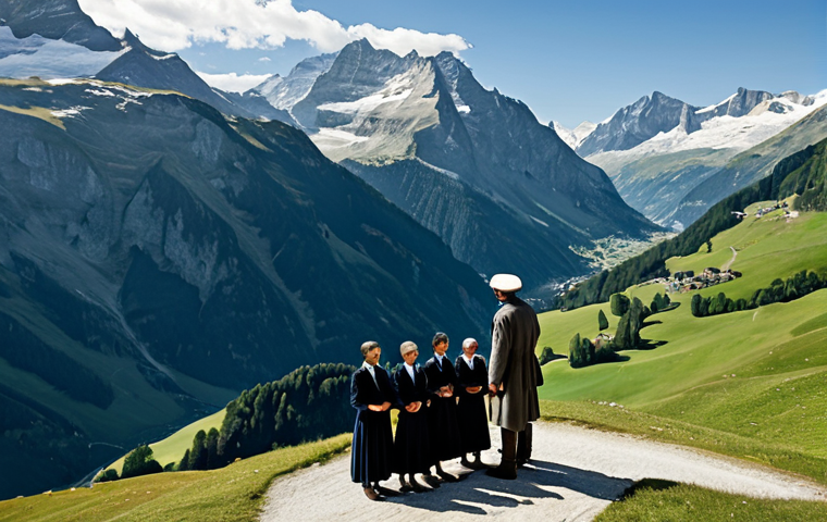 A majestic and awe-inspiring aerial view of the Swiss Alps, with a deep valley cutting through the rugged peaks. In the foreground, a small group of determined, fully clothed individuals in modest, professional historical attire stand together on a plateau, symbolizing unity and their foundational oath. The scene evokes a sense of enduring strength and shared purpose, under a clear, bright sky. Perfect anatomy, correct proportions, natural pose, well-formed hands, proper finger count, natural body proportions. Safe for work, appropriate content, fully clothed, modest, professional photography, high quality.